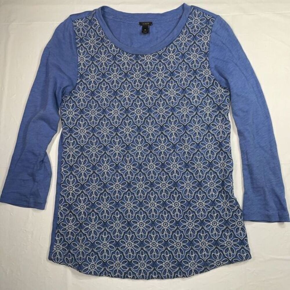 J Crew Womens Embroidered‎ Floral Top 3/4 Sleeve T Shirt Crew Neck Blue XS